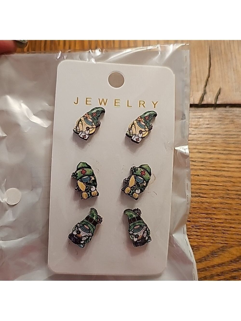Three pairs of st patricks day gnome stud earrings